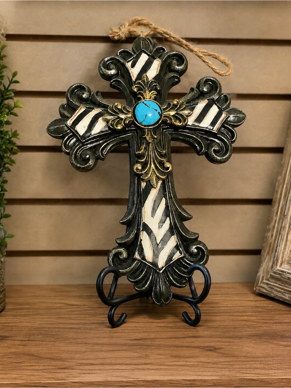 Decorative Wall Cross with Turquoise Accent - Black & Cream
